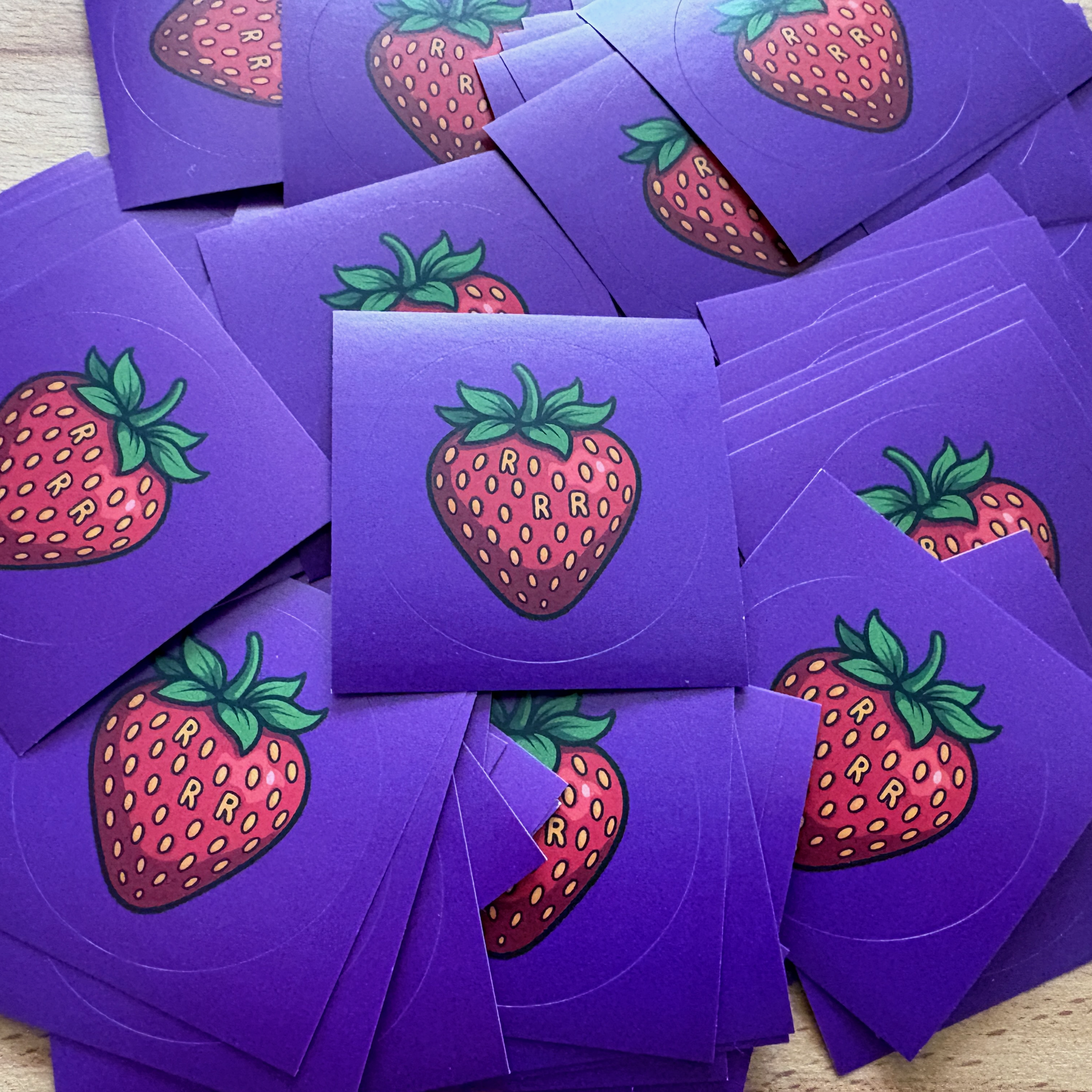 Many stickers with strawberry with 3 R&rsquo;s